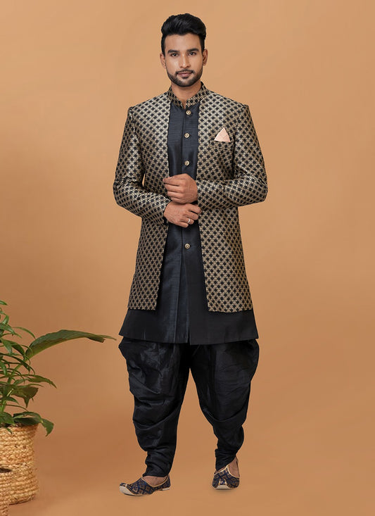 Fancy Work Dupion Silk, Jacquard Silk Black Indo Western Sherwani - M5993