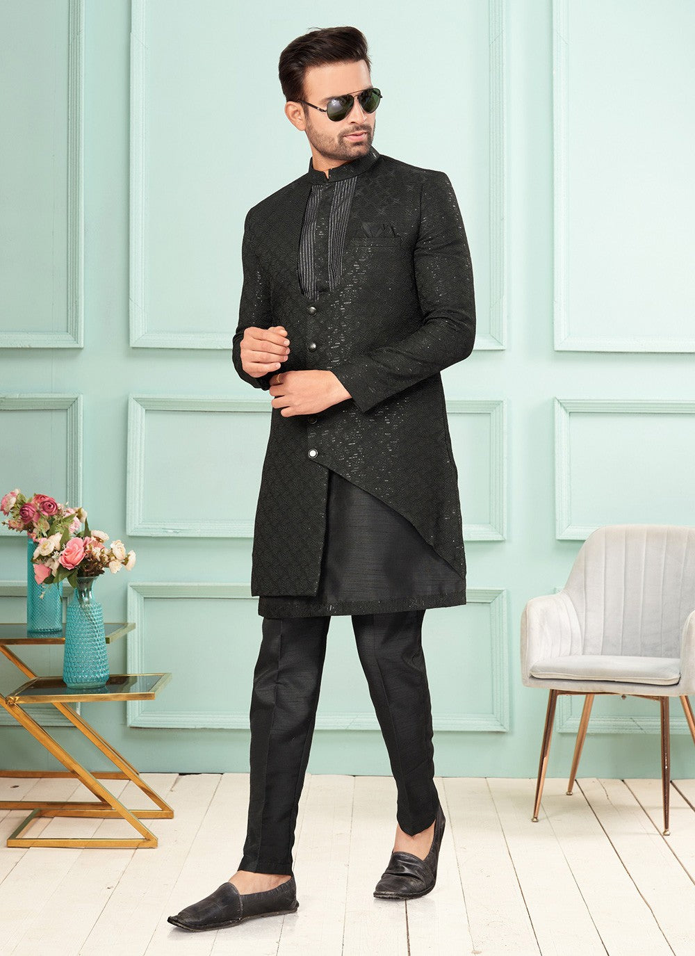 Embroidered Jacquard Black Indo Western - M7275