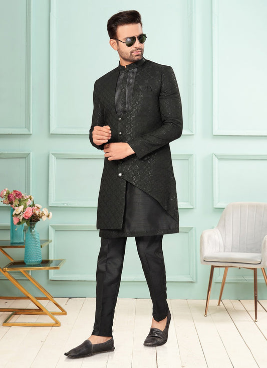 Embroidered Jacquard Black Indo Western - M7275