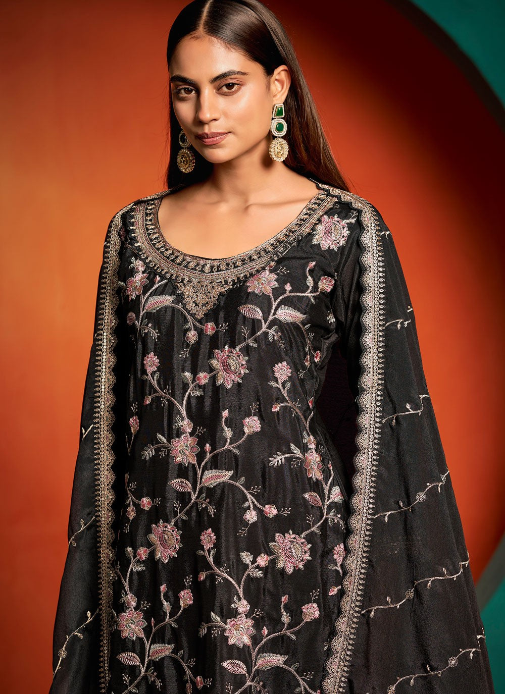 Palazzo Suit Embroidered, Thread, Zari Black T7389