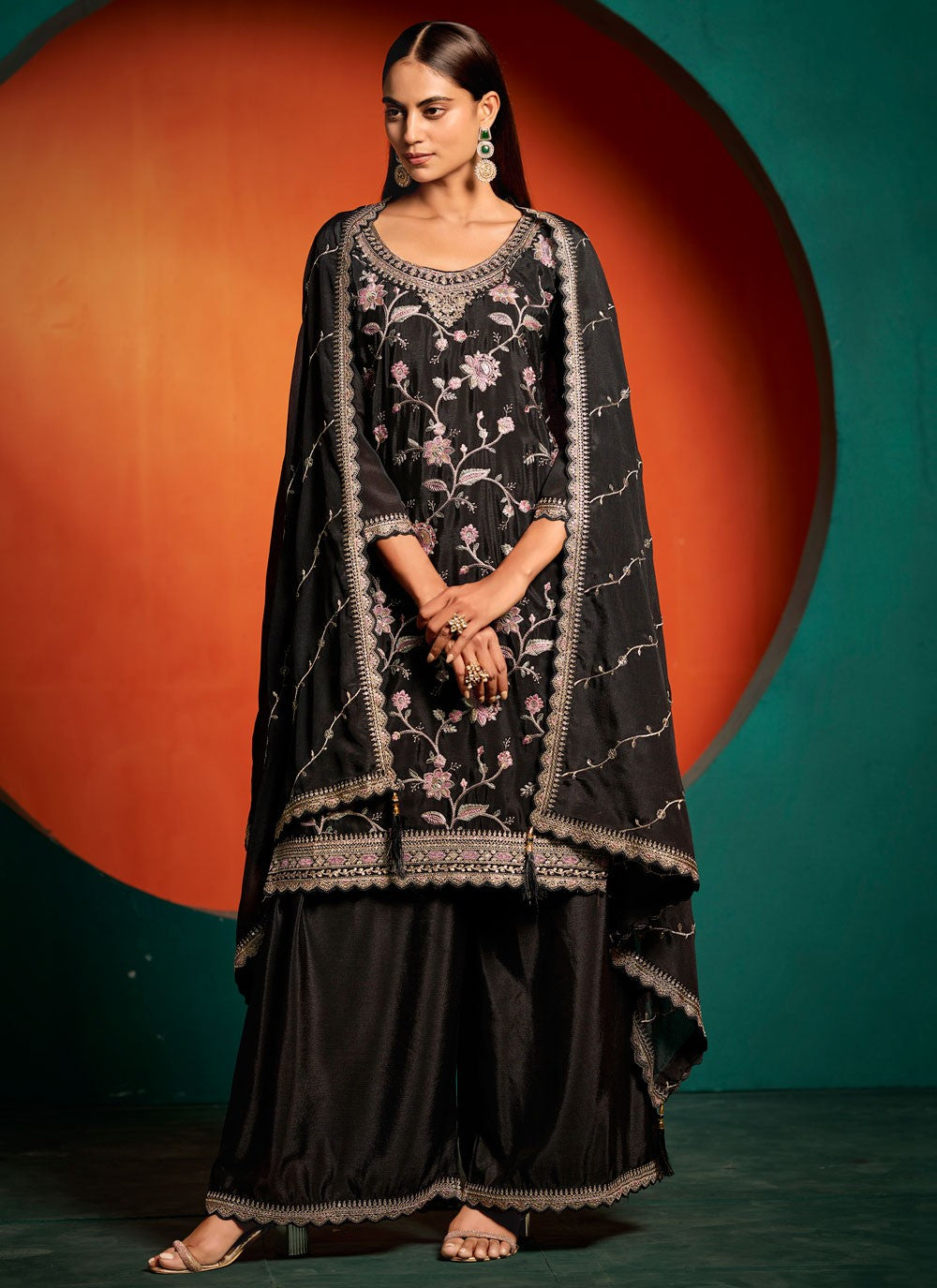Palazzo Suit Embroidered, Thread, Zari Black T7389