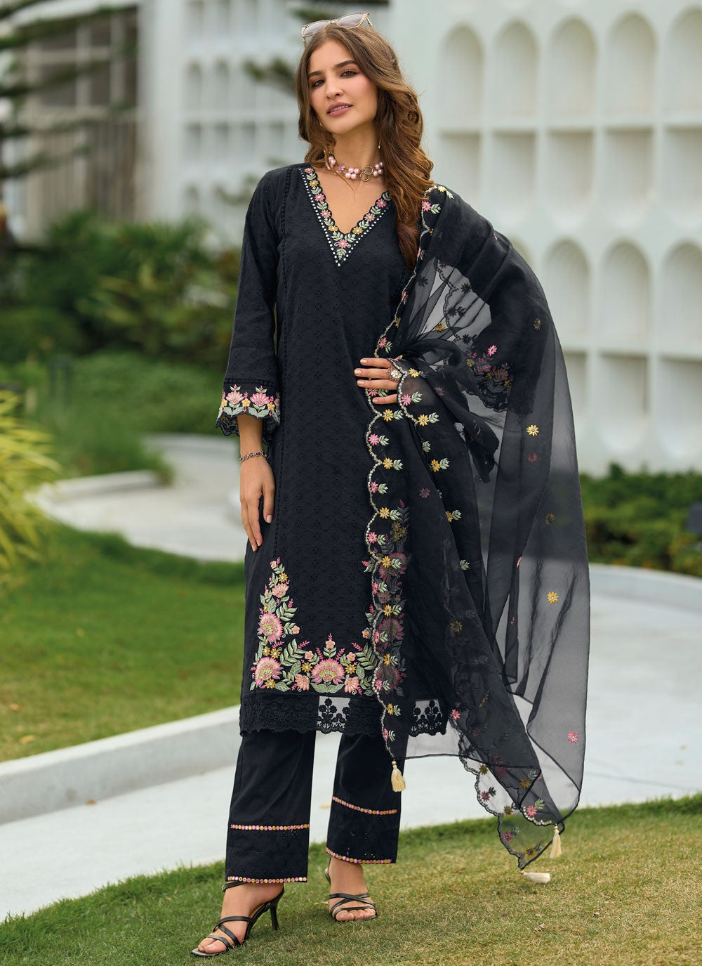 Pant Style Suit Embroidered Black T7414