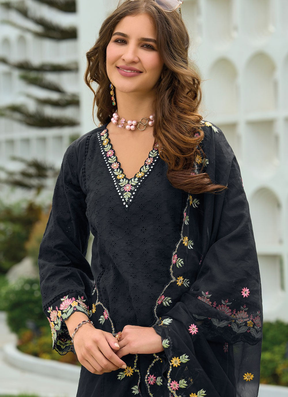 Pant Style Suit Embroidered Black T7414