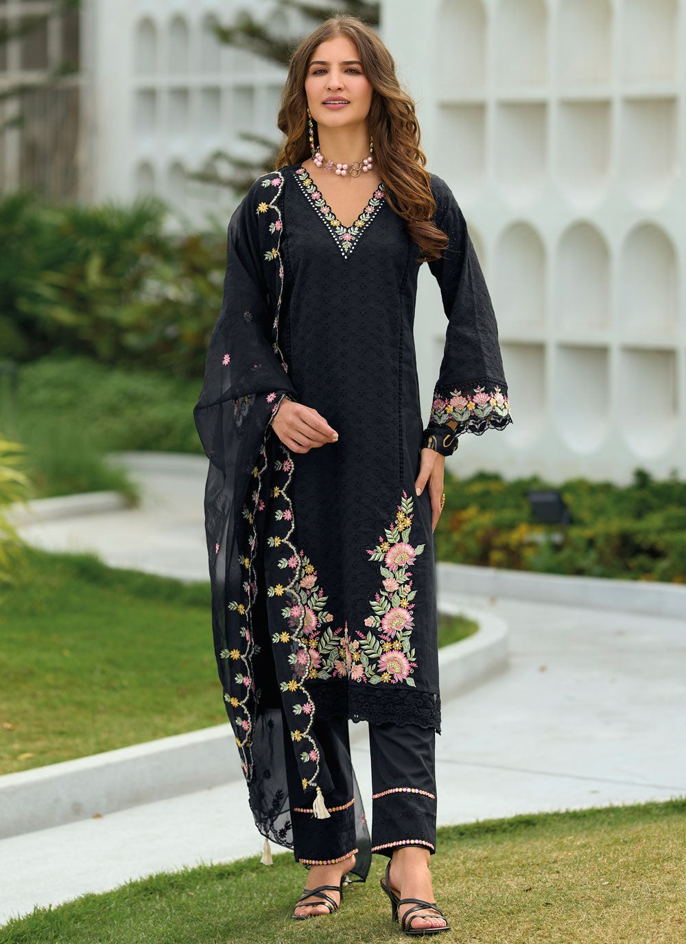 Pant Style Suit Embroidered Black T7414