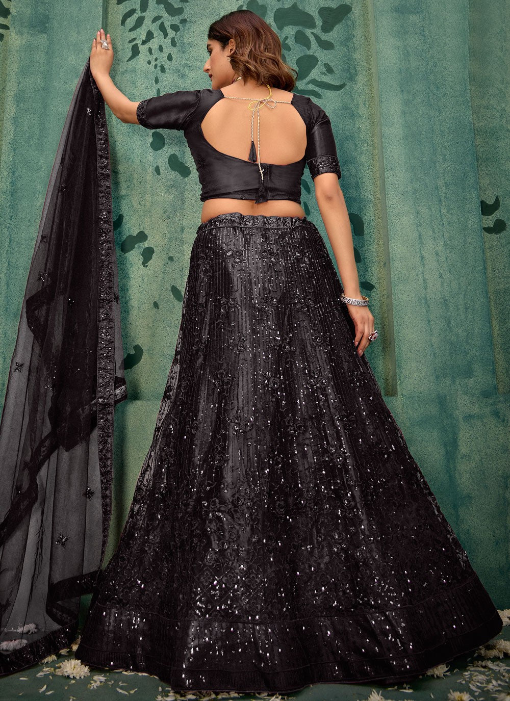 Embroidered Net Black Lehenga - L3289
