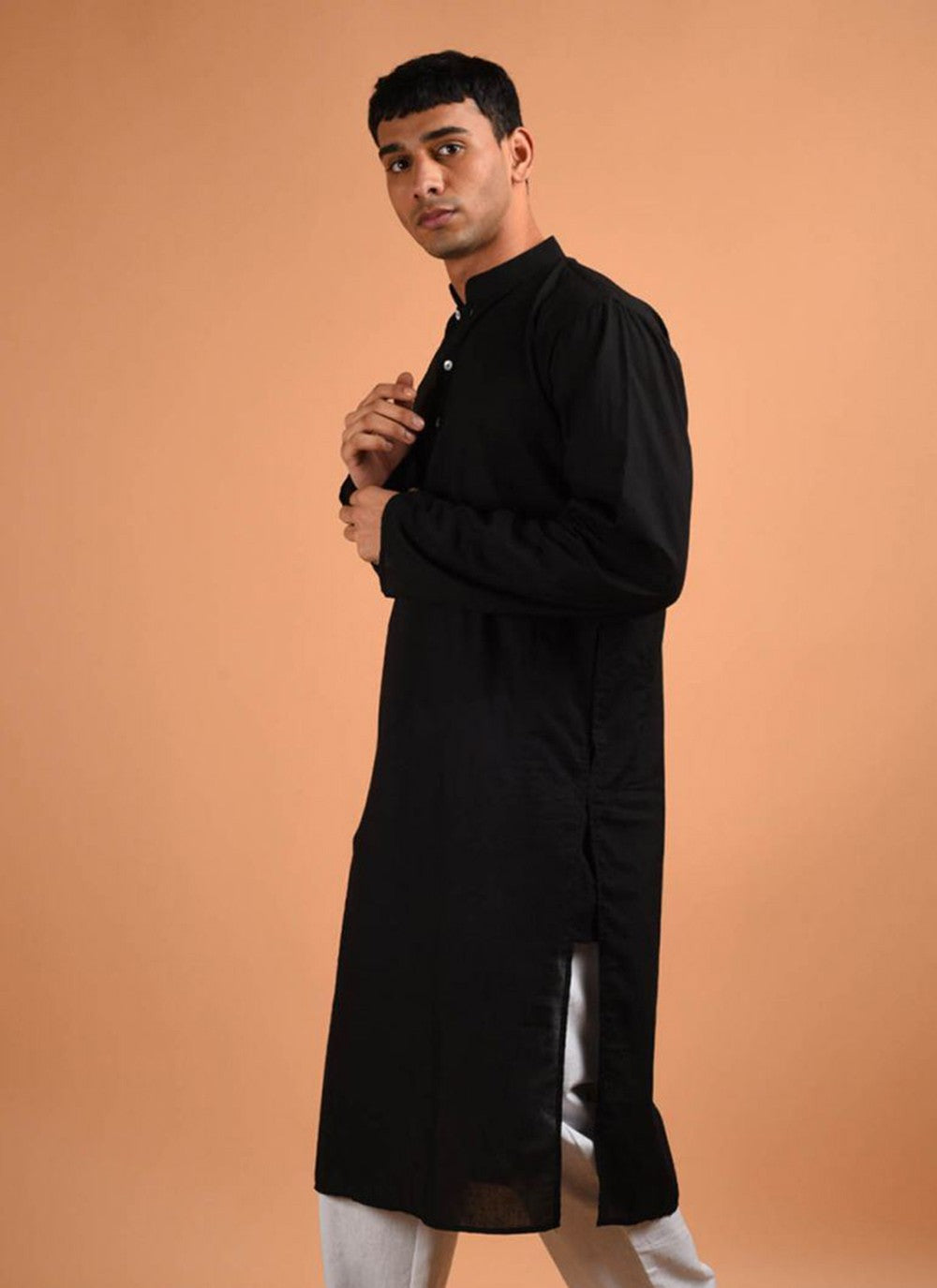 Plain Blended Cotton Black Kurta - M6169