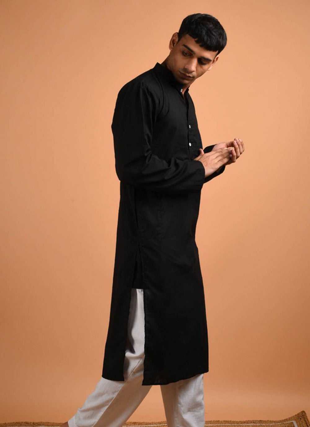 Plain Blended Cotton Black Kurta - M6169