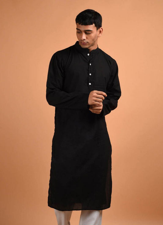 Plain Blended Cotton Black Kurta - M6169