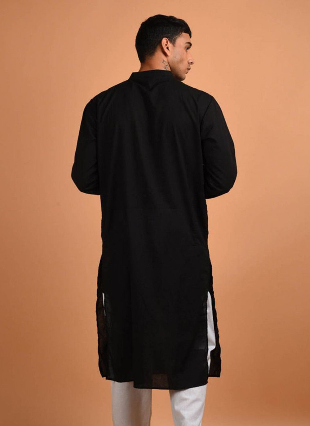 Plain Blended Cotton Black Kurta - M6169