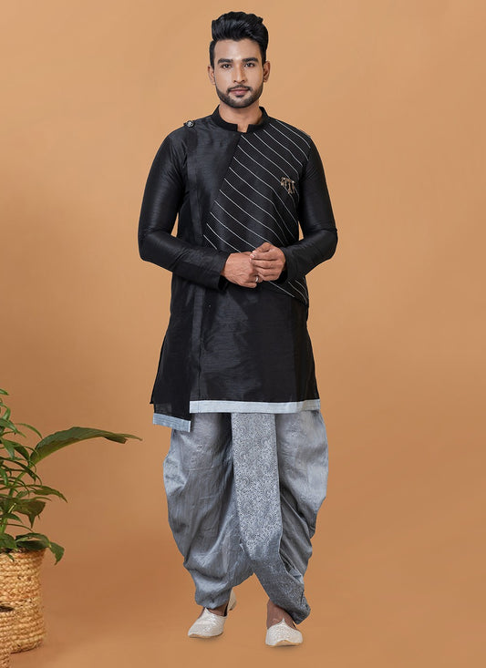 Printed Banarasi Silk Black Dhoti Kurta - M5935