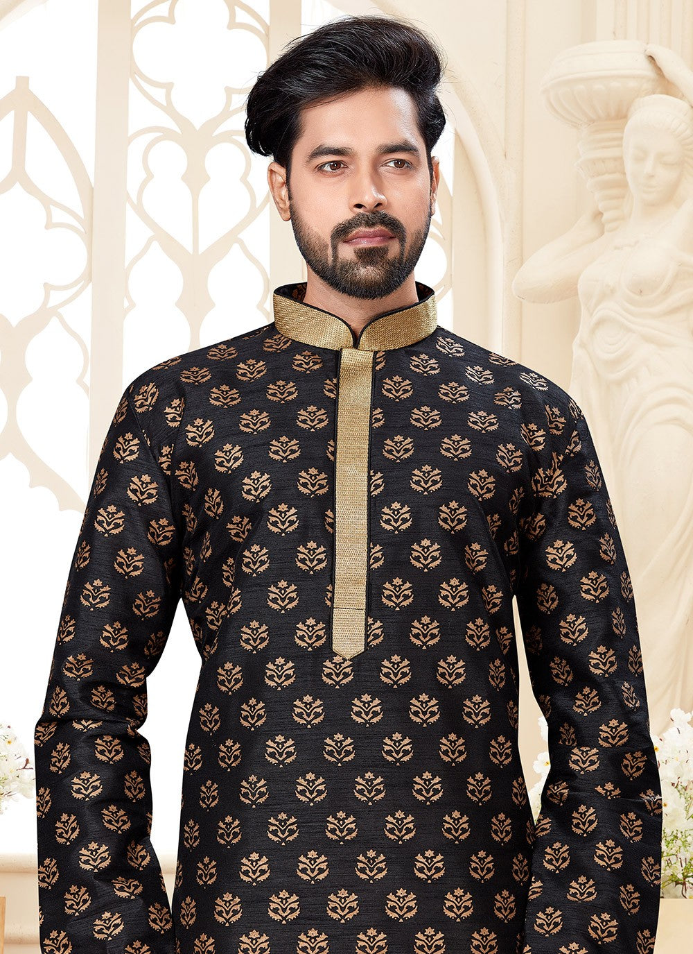 Printed Dupion Silk Black Kurta - M5591