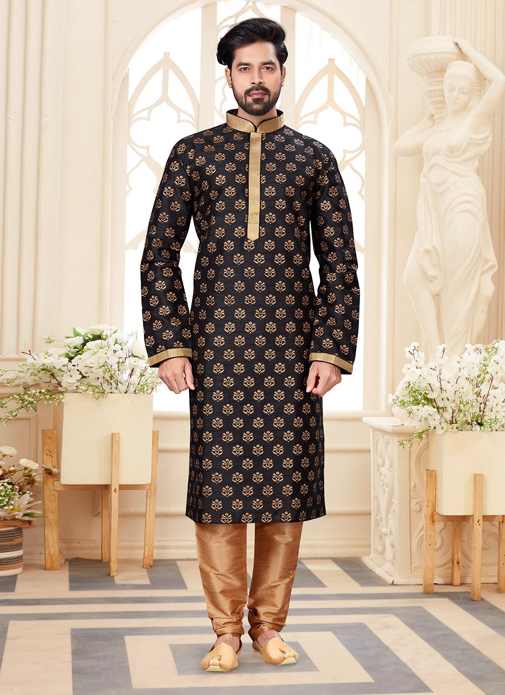 Printed Dupion Silk Black Kurta - M5591