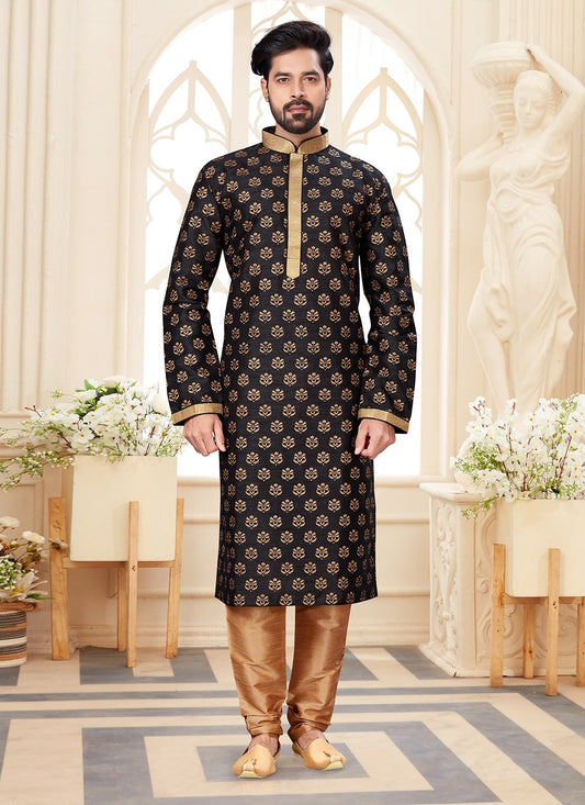 Printed Dupion Silk Black Kurta - M5591