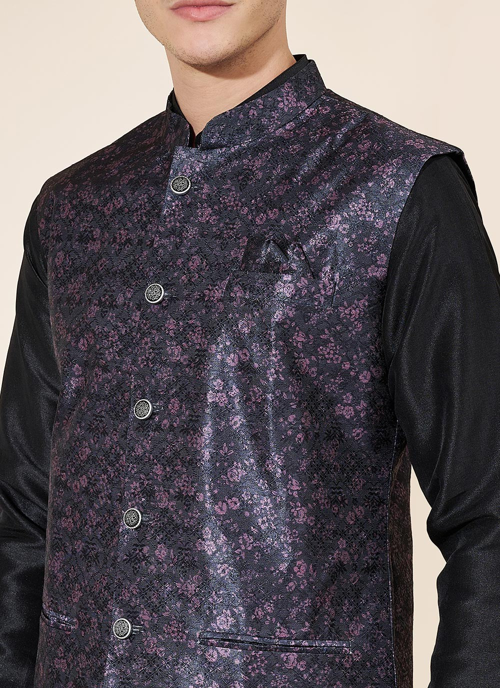Jacquard Work Pure Silk Black Kurta Payjama With Jacket - M8033