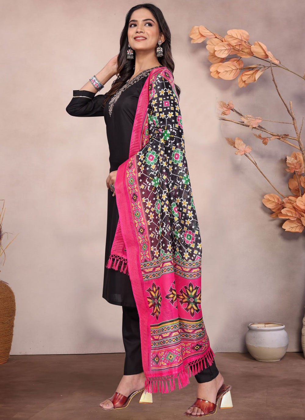Embroidered Blended Cotton Black Salwar Suit T5984