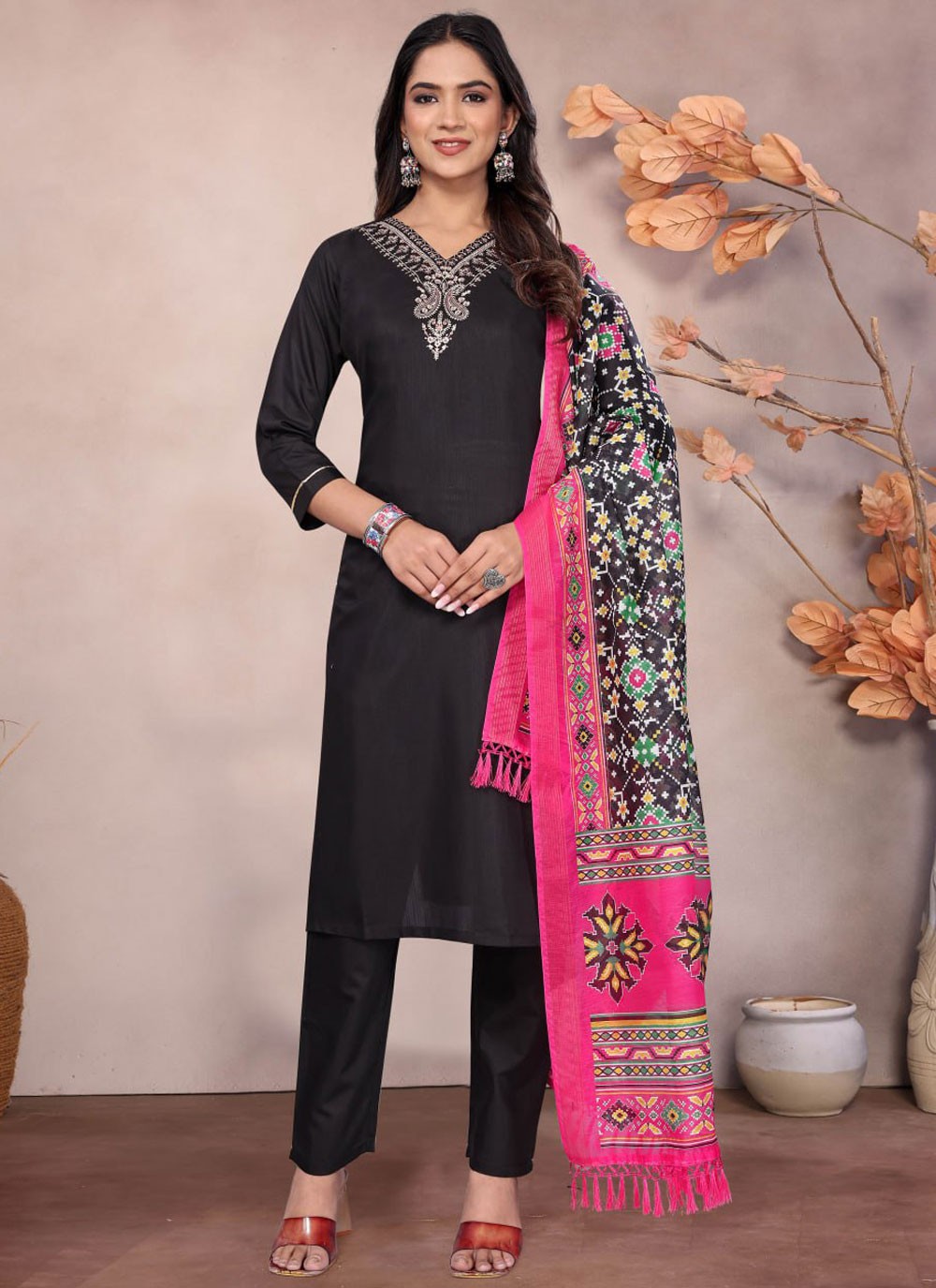 Embroidered Blended Cotton Black Salwar Suit T5984