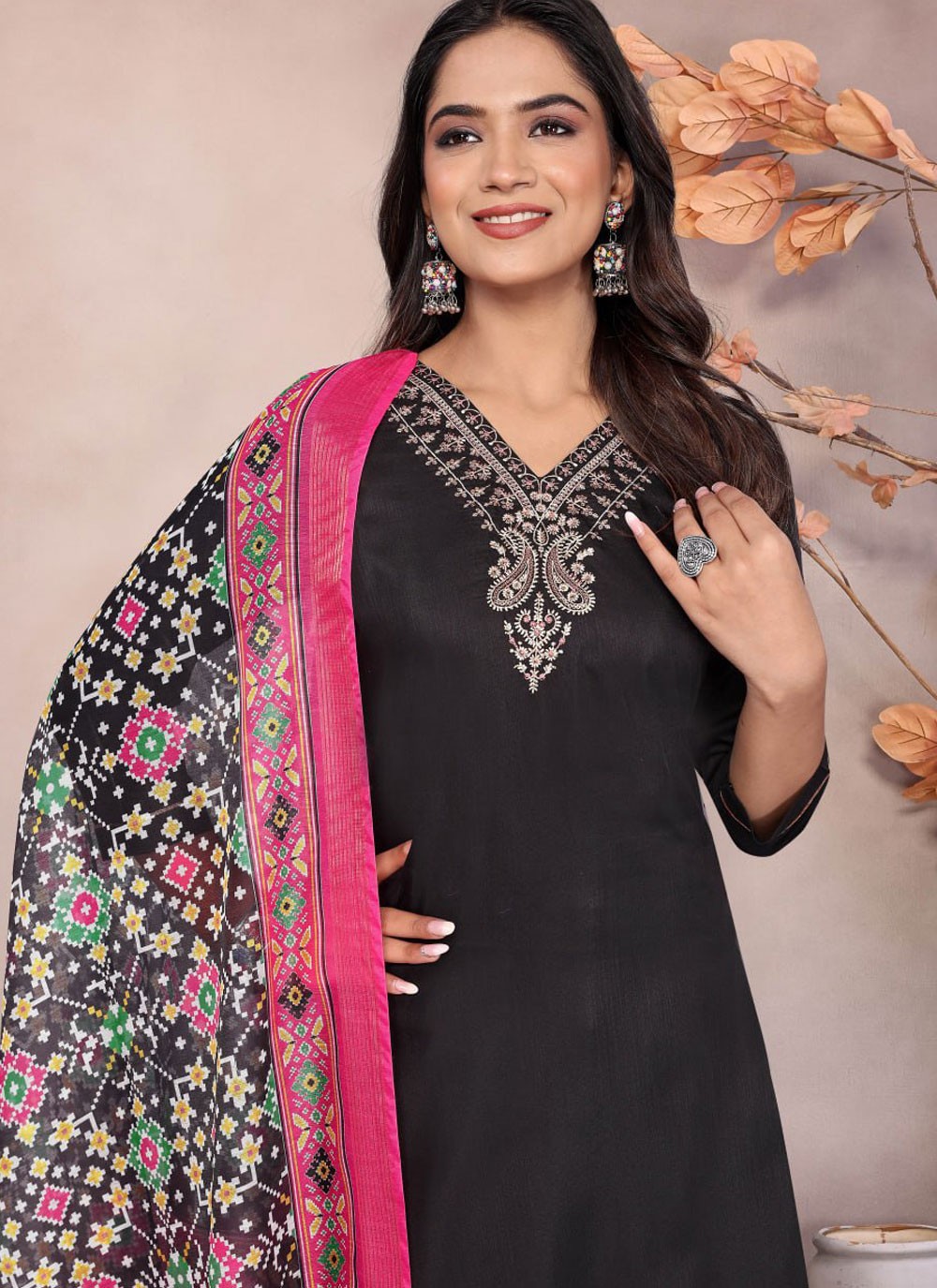 Embroidered Blended Cotton Black Salwar Suit T5984