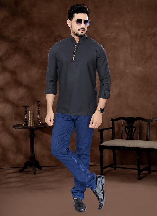 Plain Cotton Black Short Kurta - M6493