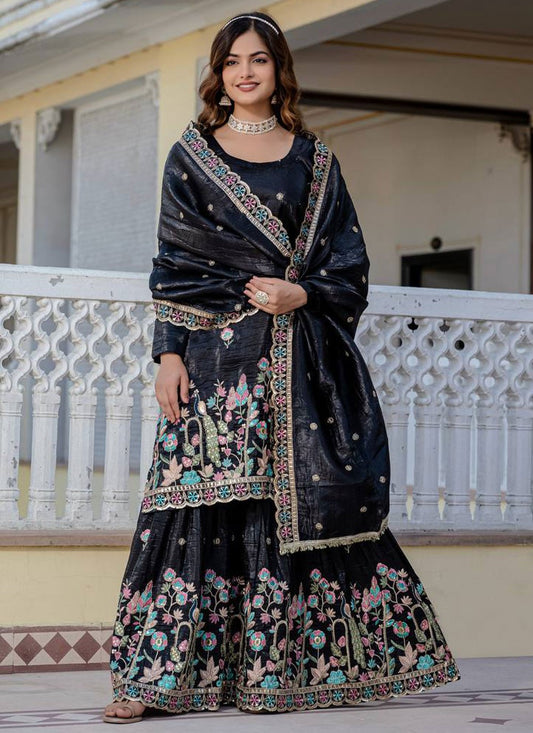 Sharara Suit Embroidered, Sequins Black T7701