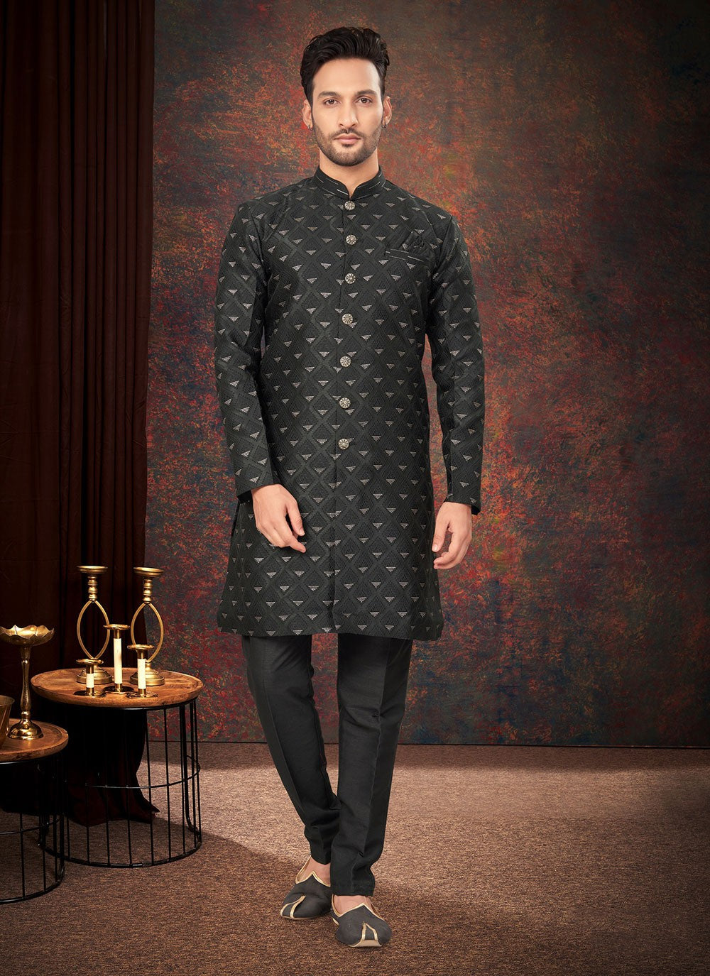 Fancy Work Jacquard Black Indo Western - M7210