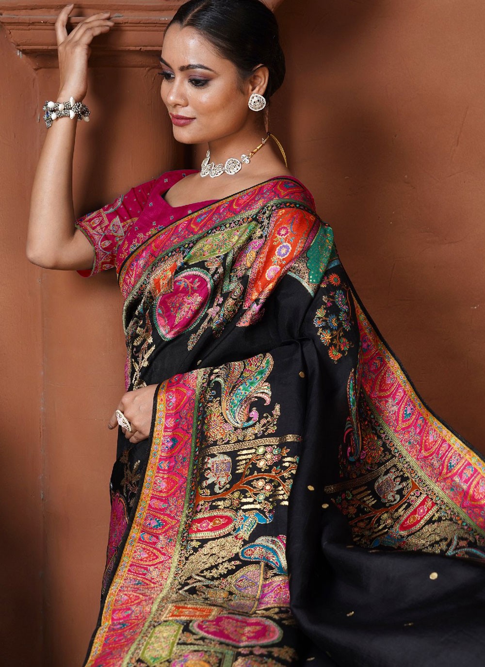 Traditional Fancy Work Black Pure Dola Saree S13130