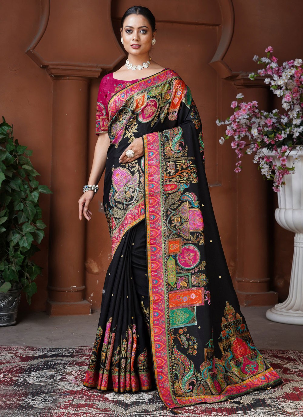 Traditional Fancy Work Black Pure Dola Saree S13130