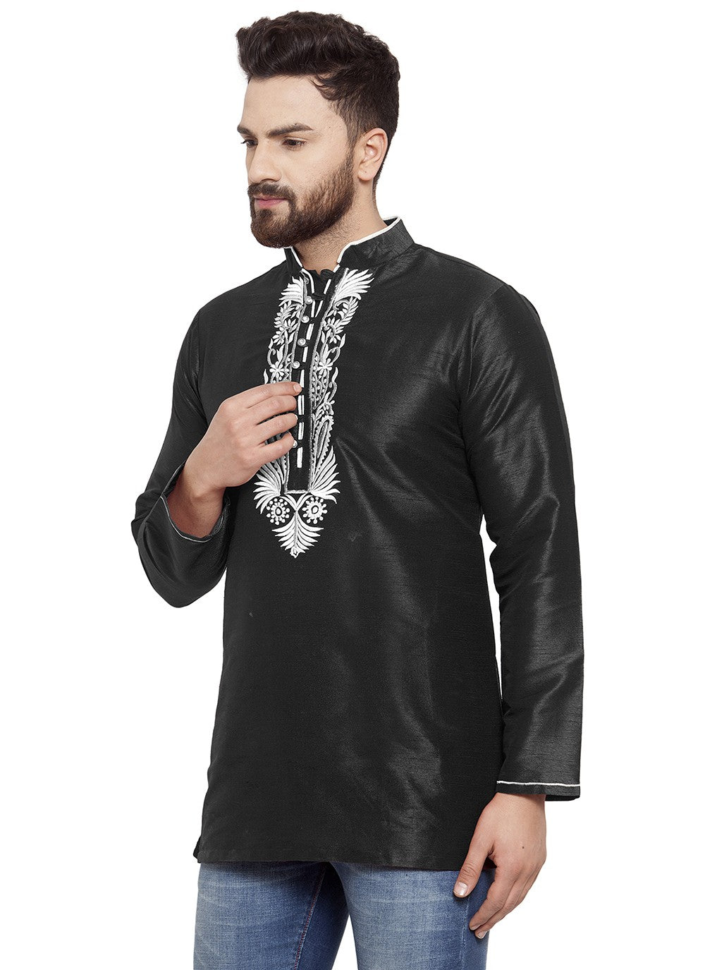 Machine Embroidery Dupion Silk Black Short Kurta - M5727