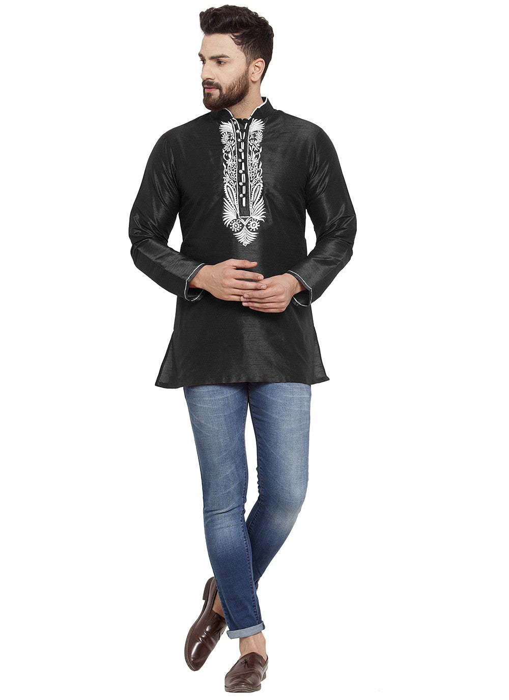Machine Embroidery Dupion Silk Black Short Kurta - M5727
