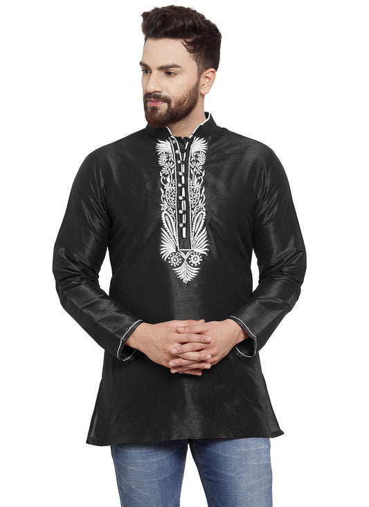 Machine Embroidery Dupion Silk Black Short Kurta - M5727