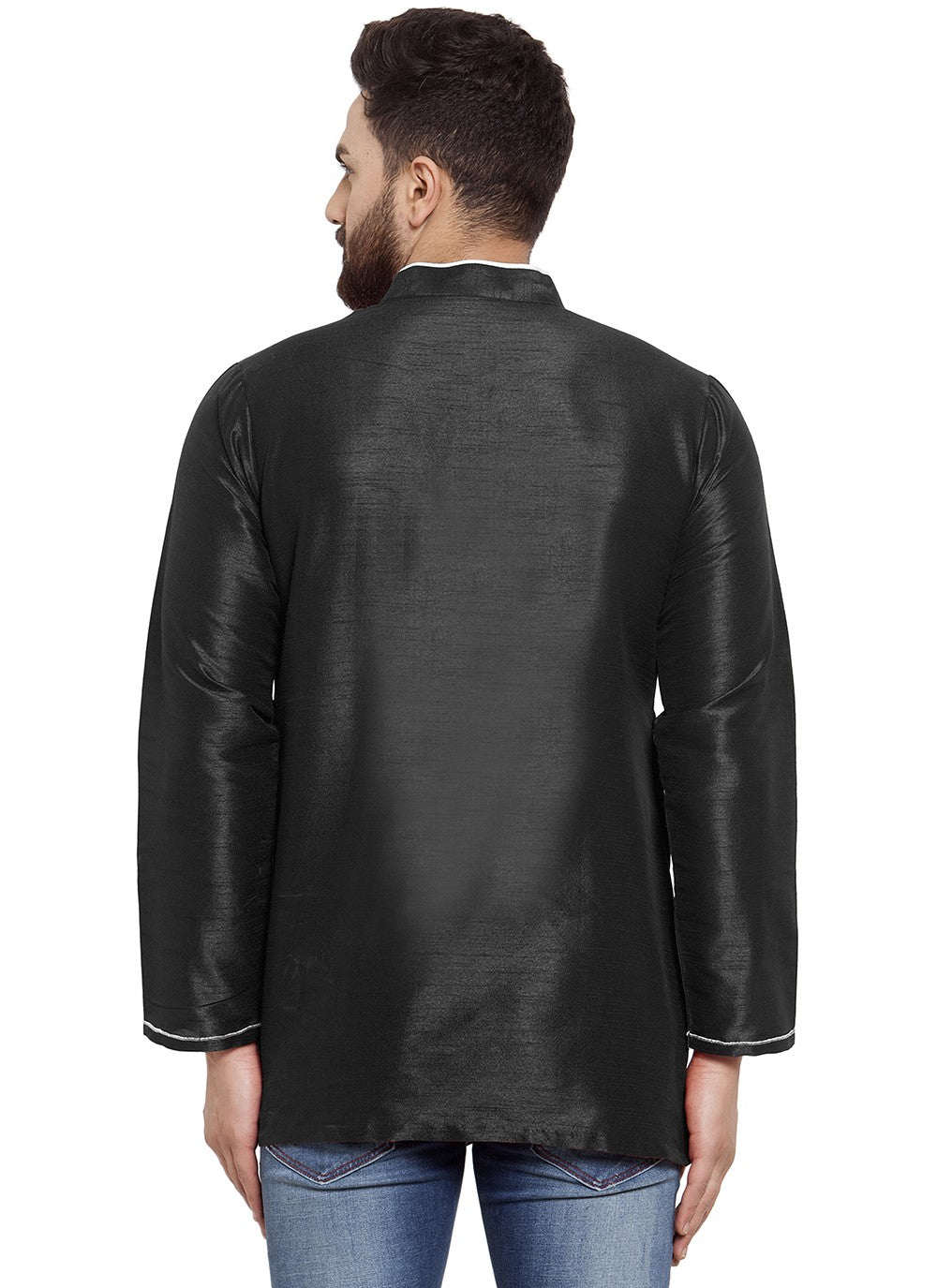 Machine Embroidery Dupion Silk Black Short Kurta - M5727