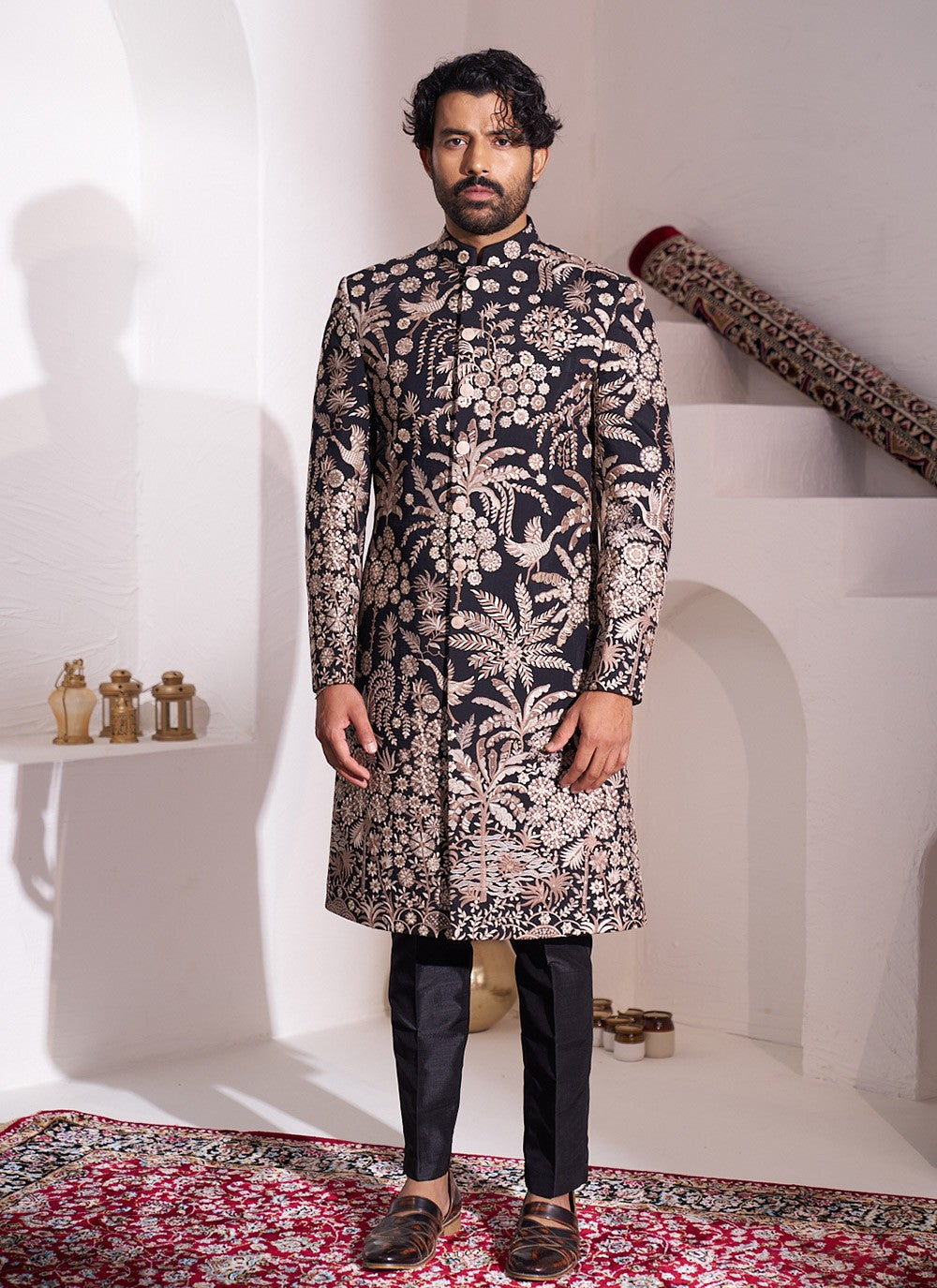 Embroidered Silk Black Sherwani - M8420