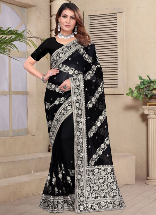 Embroidered Georgette Black Classic Saree S14957