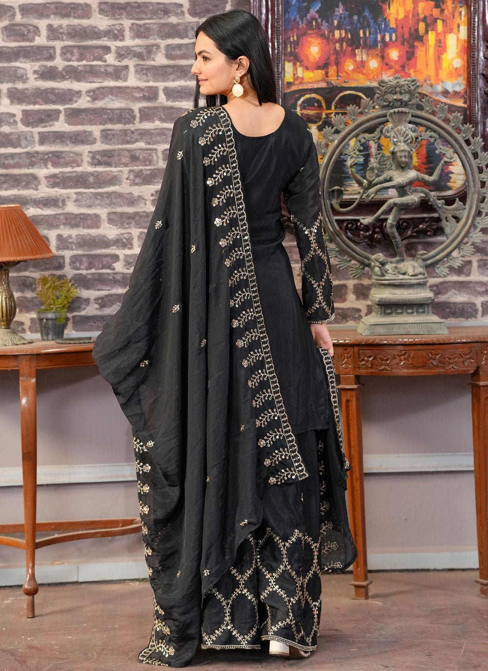 Embroidered Chinon Black Palazzo Suit T6272