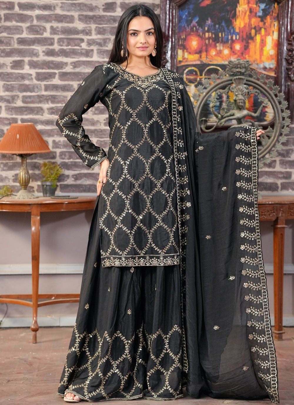 Embroidered Chinon Black Palazzo Suit T6272