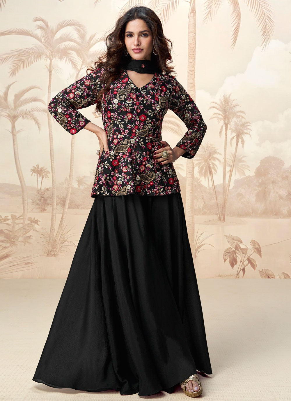 Sharara Suit Embroidered, Zari Black T6759