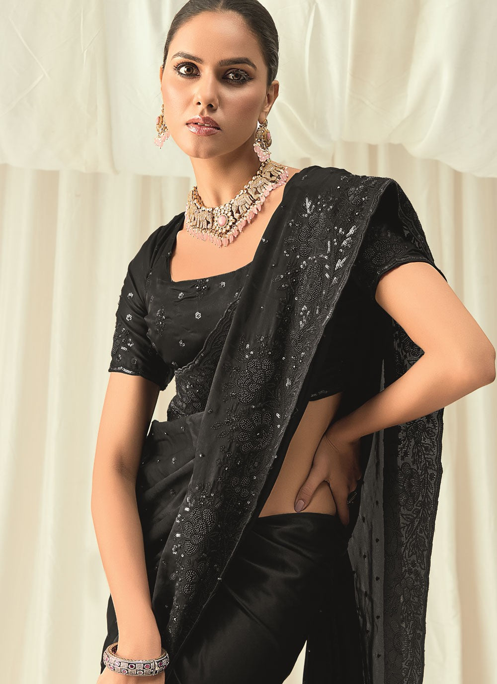 Black Satin Designer Saree Beads, Embroidered, Floral Printed, Sequins, Thread S18818