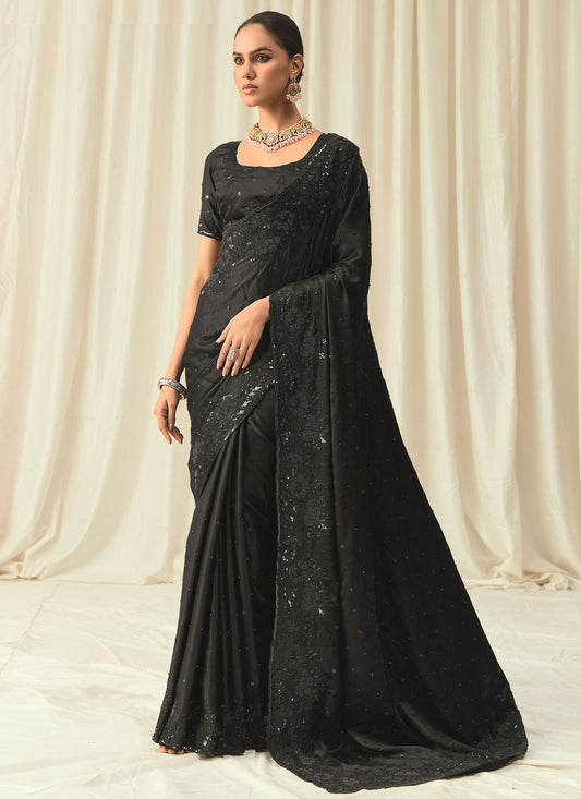 Black Satin Designer Saree Beads, Embroidered, Floral Printed, Sequins, Thread S18818