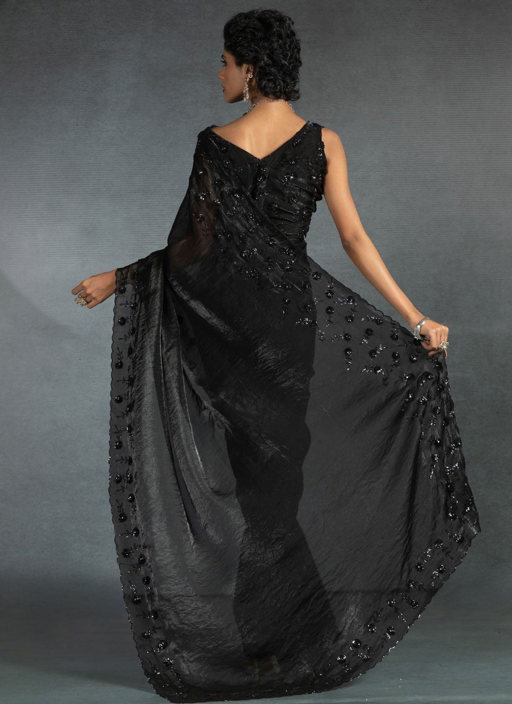 Cut Work Satin Silk Black Contemporary Saree S14878