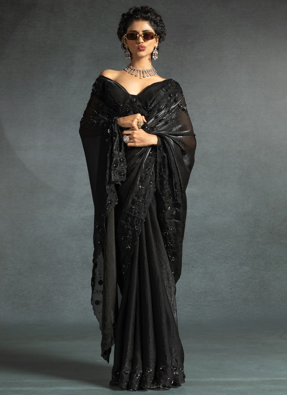 Cut Work Satin Silk Black Contemporary Saree S14878