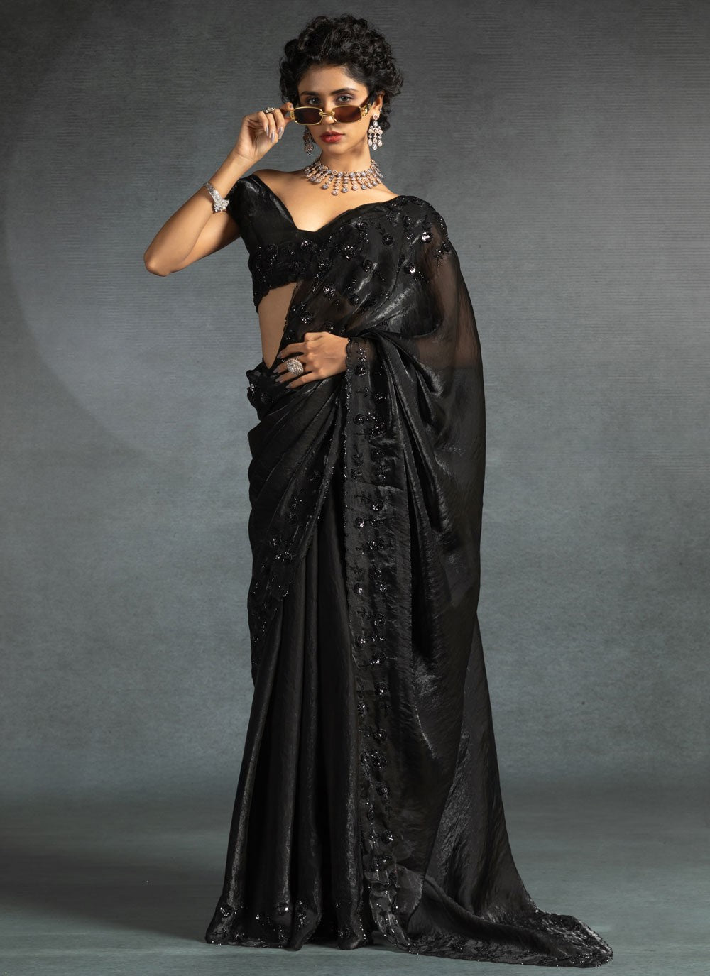 Cut Work Satin Silk Black Contemporary Saree S14878