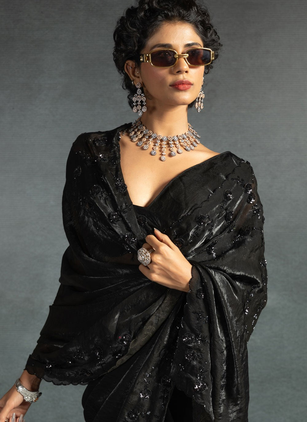 Cut Work Satin Silk Black Contemporary Saree S14878