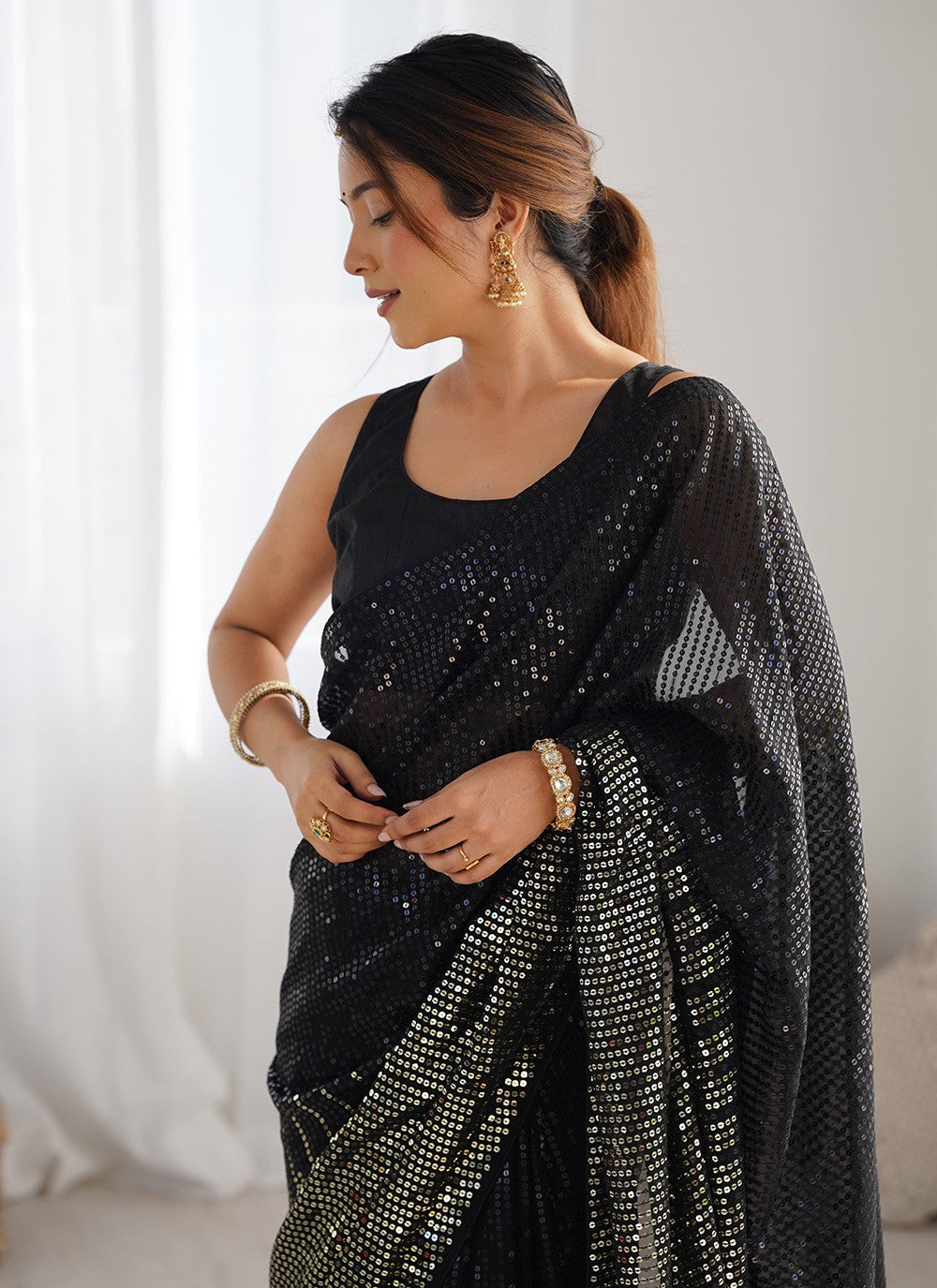 Contemporary Embroidered Black Georgette Saree S12403
