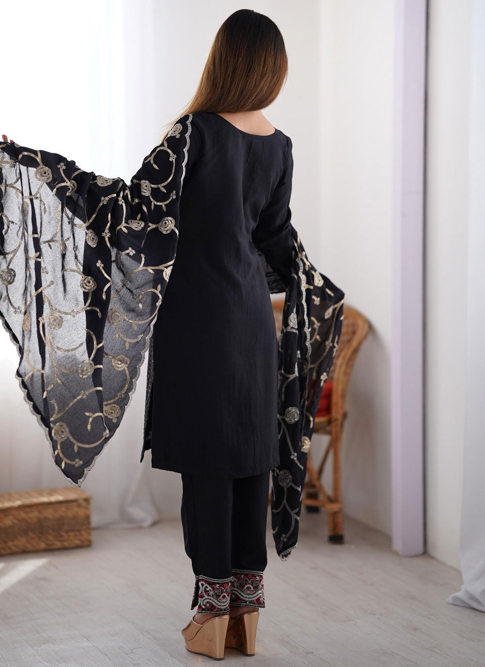 Pant Style Suit Embroidered, Sequins, Thread Black T7040