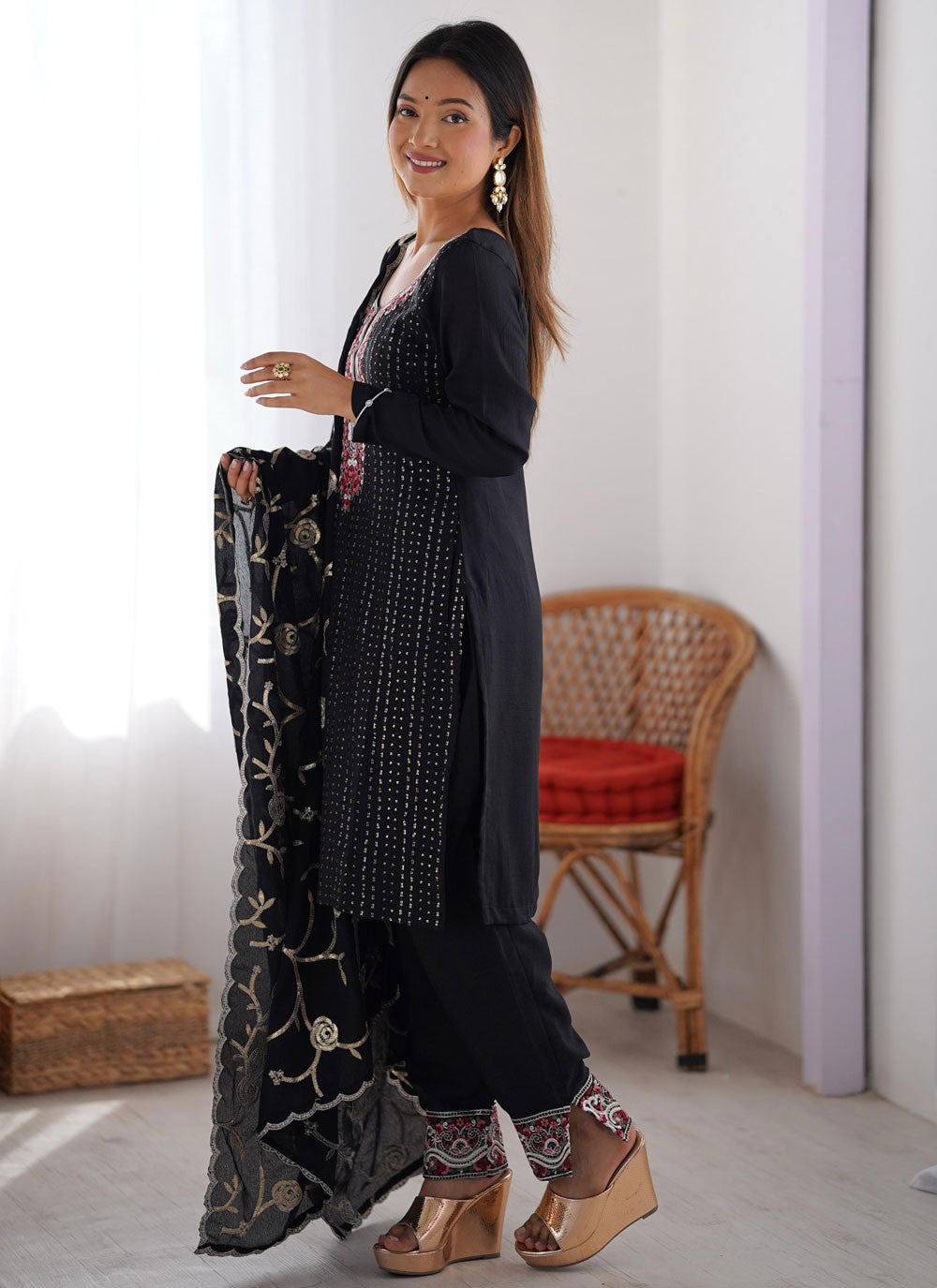 Pant Style Suit Embroidered, Sequins, Thread Black T7040