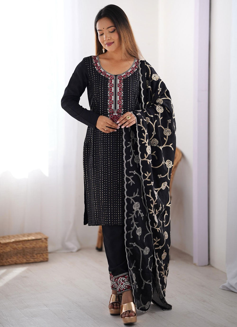 Pant Style Suit Embroidered, Sequins, Thread Black T7040