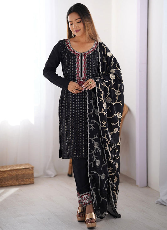 Pant Style Suit Embroidered, Sequins, Thread Black T7040