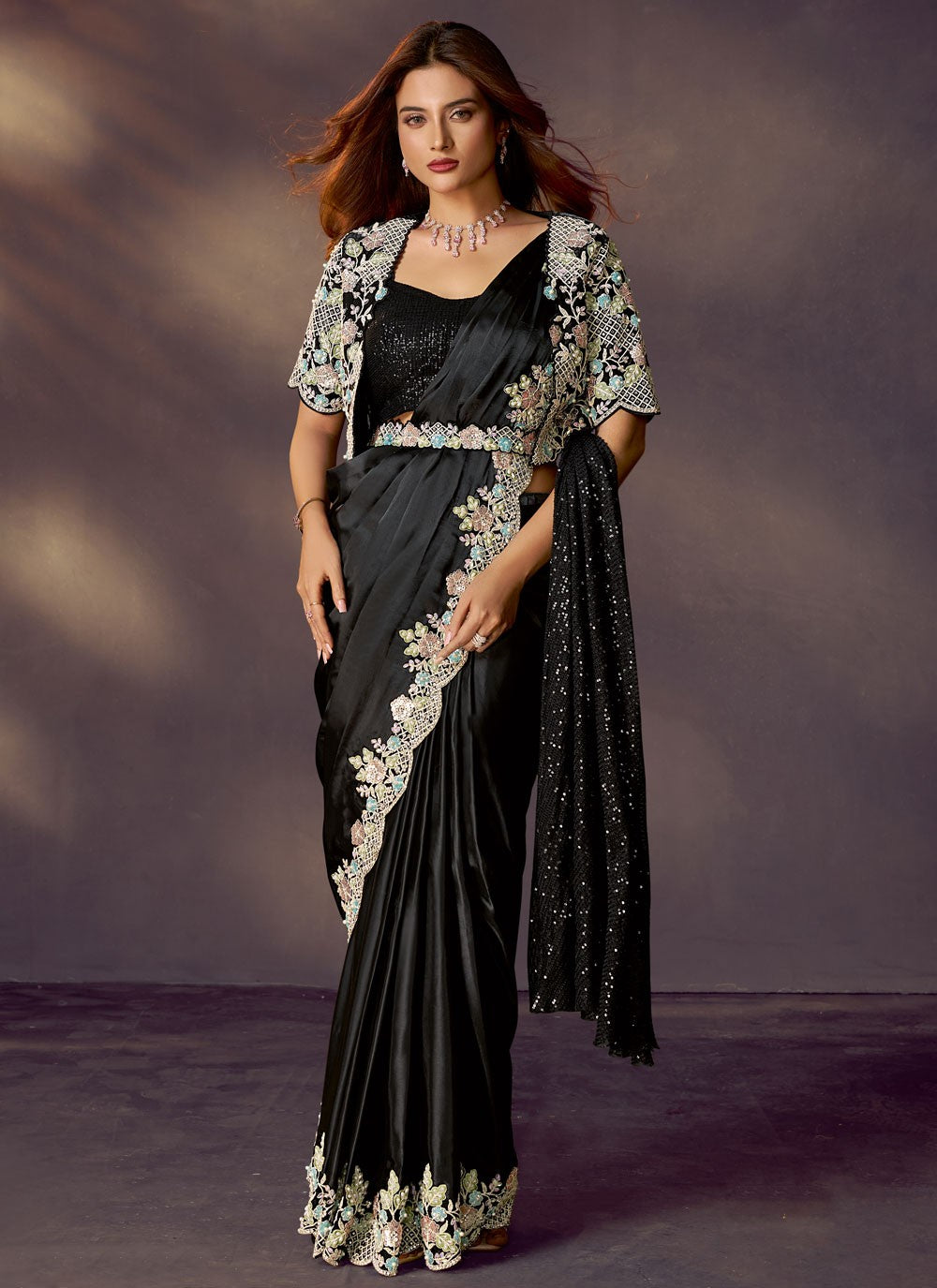 Black Satin Silk Traditional Saree Embroidered, Sequins S20481