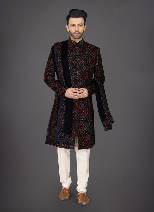 Embroidered Silk Black Sherwani - M7982