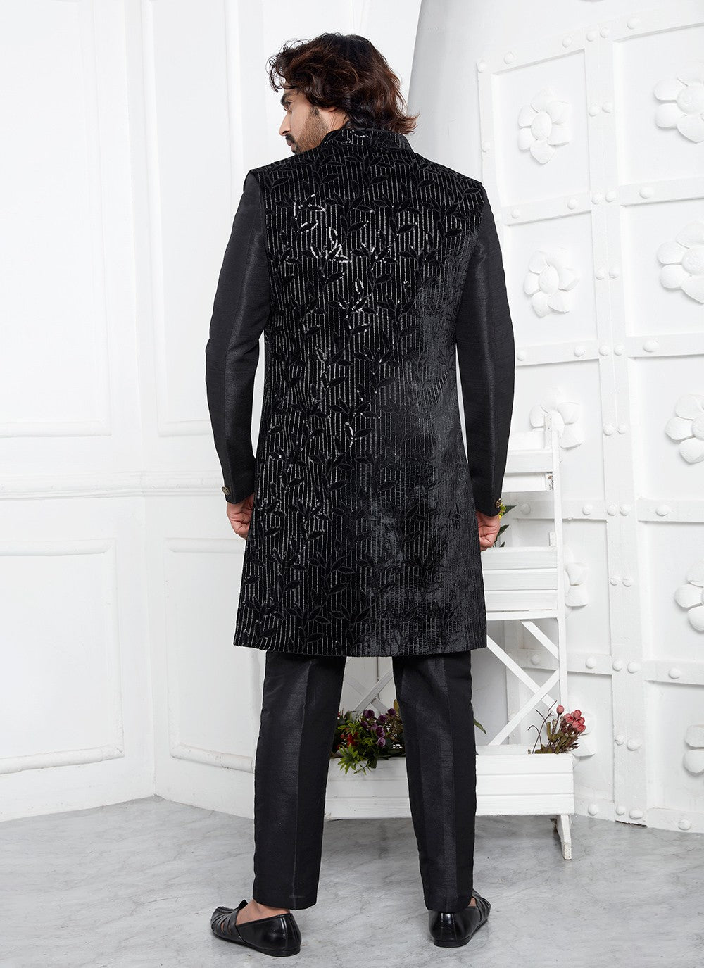 Machine Embroidery Silk, Velvet Black Sherwani - M8245