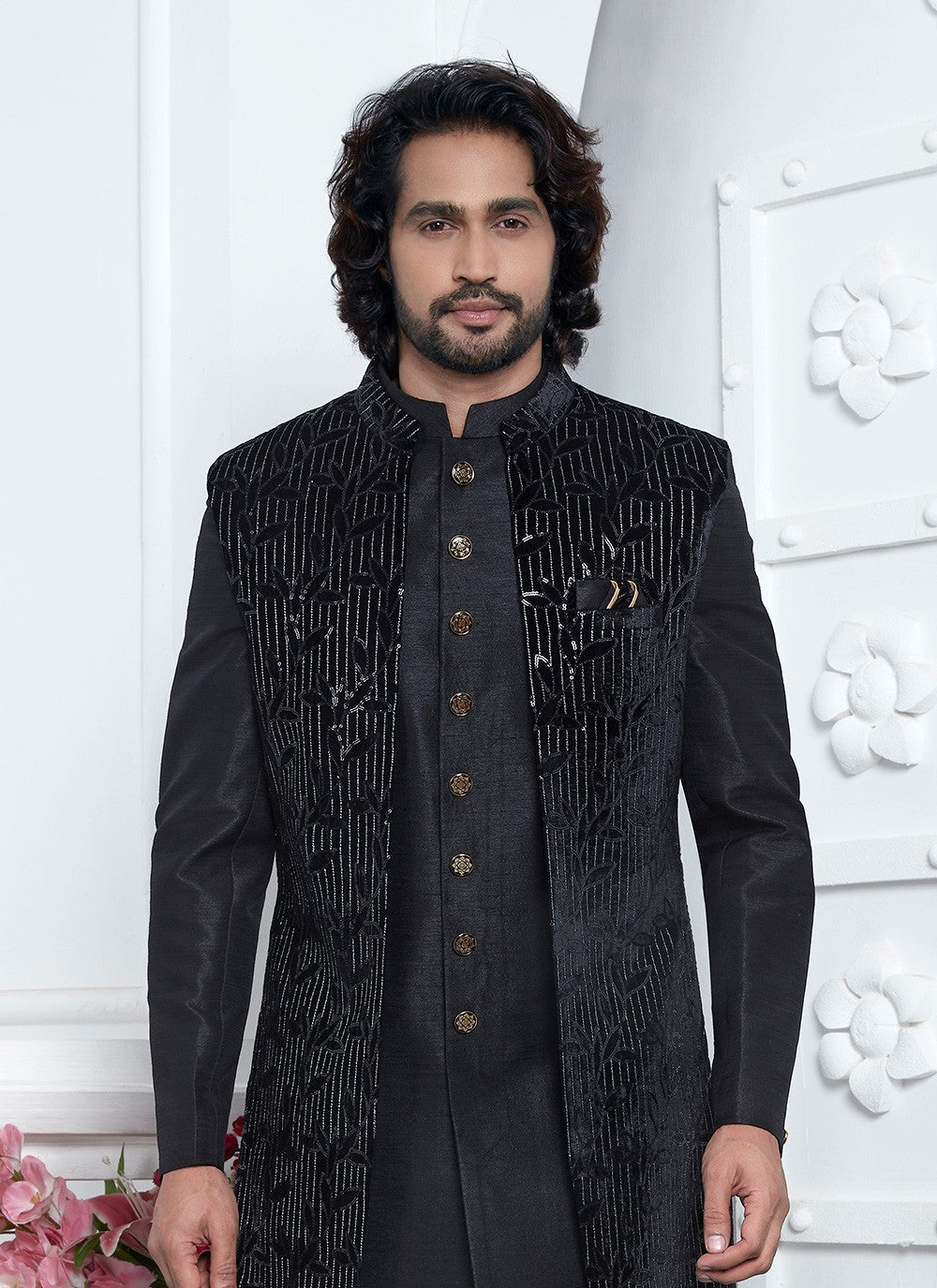 Machine Embroidery Silk, Velvet Black Sherwani - M8245